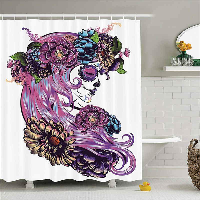 Gothic Decor Collection Day of the Dead Illustration with Sugar Skull Girl in Decorative Flower Wreath Print