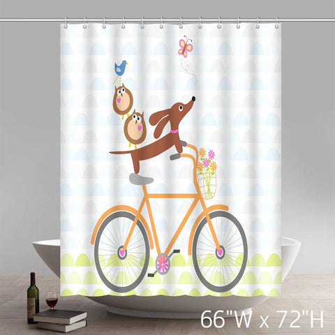 Image of Funny Dachshund On A Bike Waterproof Fabric Polyester Shower Curtain
