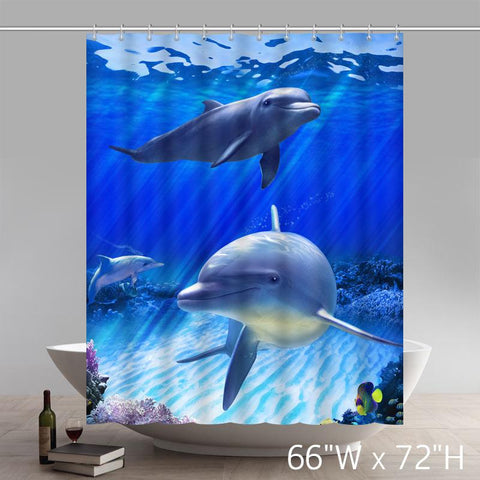 Image of Bathroom Shower Curtain Underwater World Dolphin Fish Art Ocean Animal Print Design