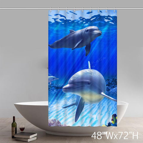Image of Bathroom Shower Curtain Underwater World Dolphin Fish Art Ocean Animal Print Design