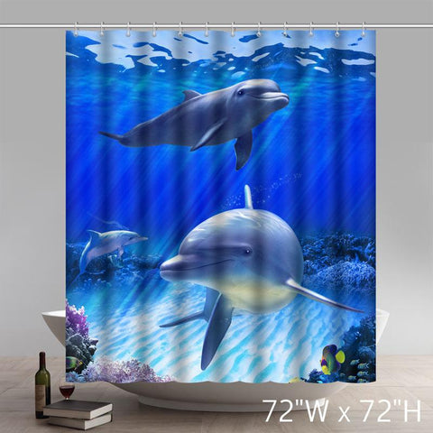 Image of Bathroom Shower Curtain Underwater World Dolphin Fish Art Ocean Animal Print Design