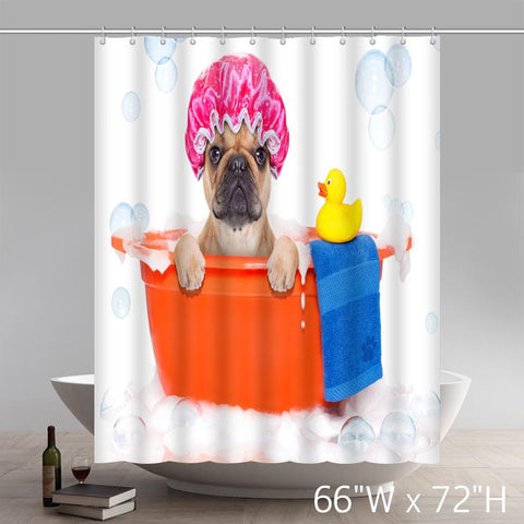 Image of Funny Print Cute Dog in Bathroom with Rubber Duck Having a Bath Print Lover Funny Home Decoration Shower Curtains
