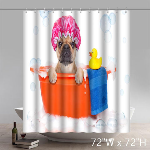 Image of Funny Print Cute Dog in Bathroom with Rubber Duck Having a Bath Print Lover Funny Home Decoration Shower Curtains