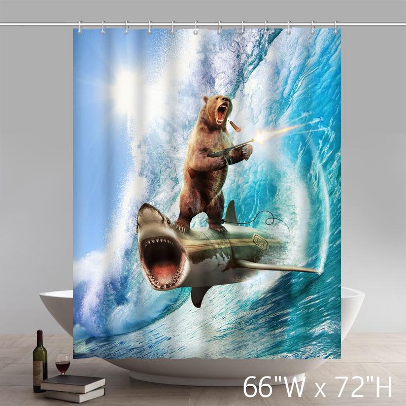Funny Print New Bear Gun Riding Shark Custom Shower Curtains