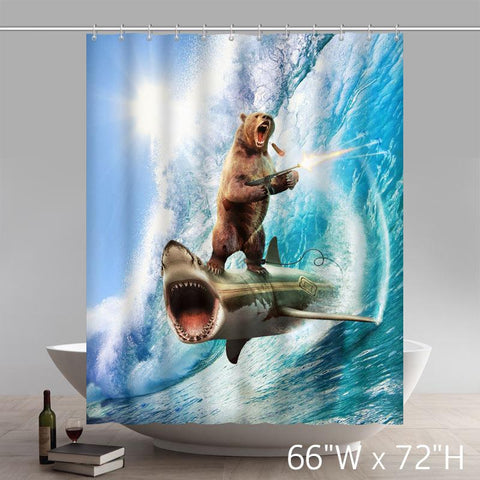 Image of Funny Print New Bear Gun Riding Shark Custom Shower Curtains