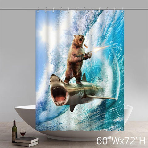 Image of Funny Print New Bear Gun Riding Shark Custom Shower Curtains