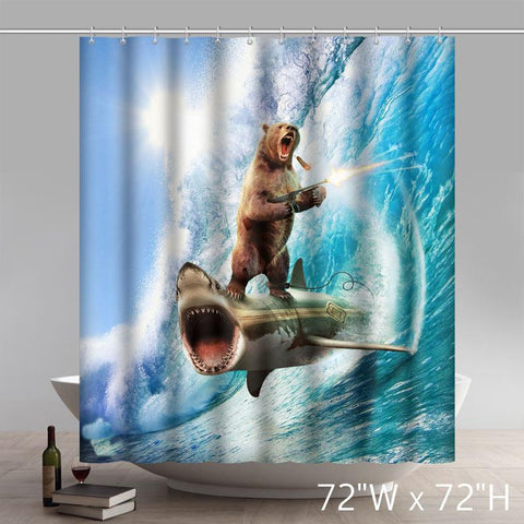 Image of Funny Print New Bear Gun Riding Shark Custom Shower Curtains
