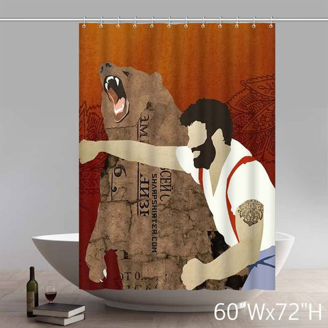 Image of Funny Print Lumberjack Punching Bear Russian Art Shower Curtains