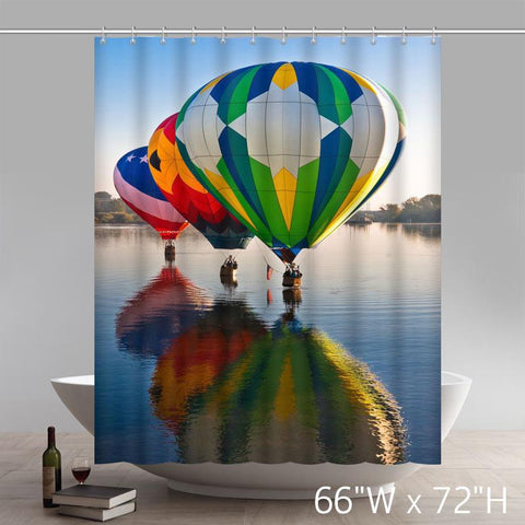Image of Geometric Colorful Hot-air Balloons flying in the sky shower curtain
