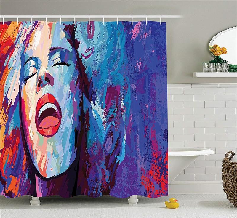Jazz Music Decor Shower Curtain Set Illustration of Singer On Grunge Background Performing Singing Woman