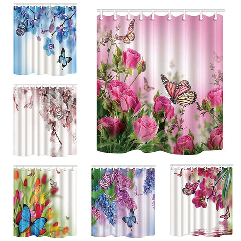 Image of Pink Pose Butterfly Print Waterproof Shower Curtain Polyester Washable Fabric Bath Curtain Home Bathroom Curtains with 12 Hooks