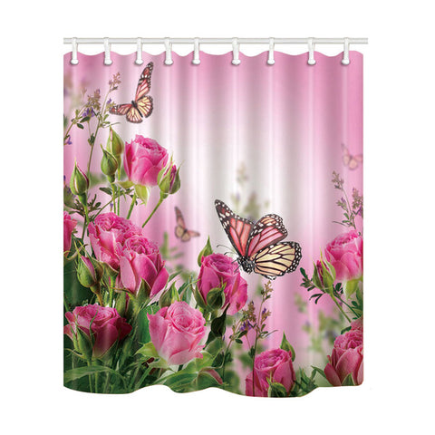 Image of Pink Pose Butterfly Print Waterproof Shower Curtain Polyester Washable Fabric Bath Curtain Home Bathroom Curtains with 12 Hooks