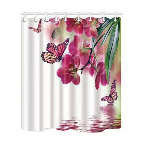 Image of Pink Pose Butterfly Print Waterproof Shower Curtain Polyester Washable Fabric Bath Curtain Home Bathroom Curtains with 12 Hooks
