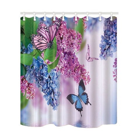Image of Pink Pose Butterfly Print Waterproof Shower Curtain Polyester Washable Fabric Bath Curtain Home Bathroom Curtains with 12 Hooks