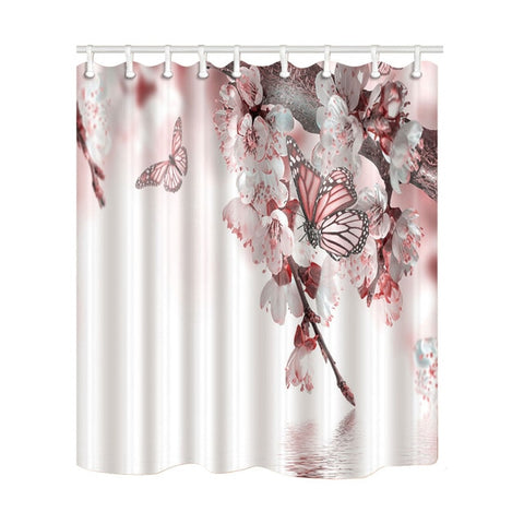 Image of Pink Pose Butterfly Print Waterproof Shower Curtain Polyester Washable Fabric Bath Curtain Home Bathroom Curtains with 12 Hooks