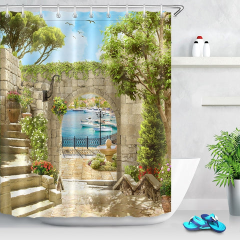 Image of Waterproof Digital Ancient Arch with View on the Sea Piers Scenic Shower Curtains Bathroom Curtain Fabric for Bathtub Decor