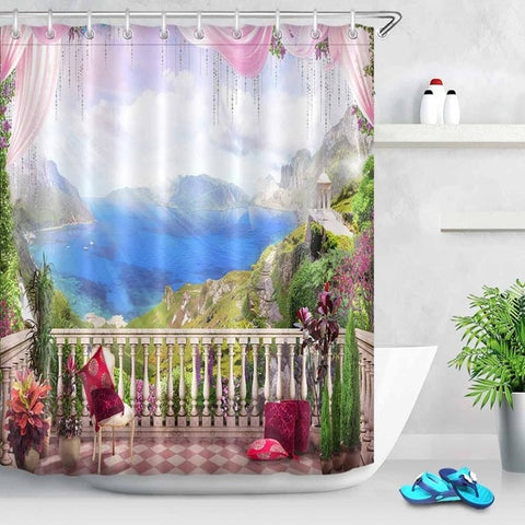 Image of Waterproof Digital Ancient Arch with View on the Sea Piers Scenic Shower Curtains Bathroom Curtain Fabric for Bathtub Decor