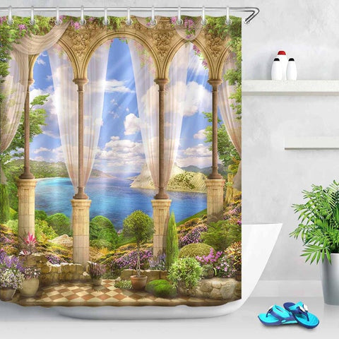Image of Waterproof Digital Ancient Arch with View on the Sea Piers Scenic Shower Curtains Bathroom Curtain Fabric for Bathtub Decor