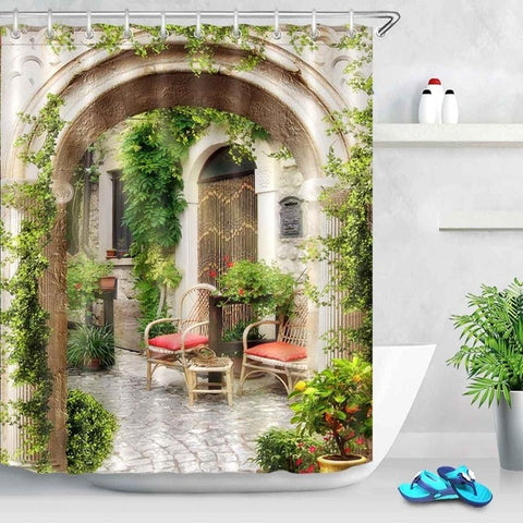 Image of Waterproof Digital Ancient Arch with View on the Sea Piers Scenic Shower Curtains Bathroom Curtain Fabric for Bathtub Decor