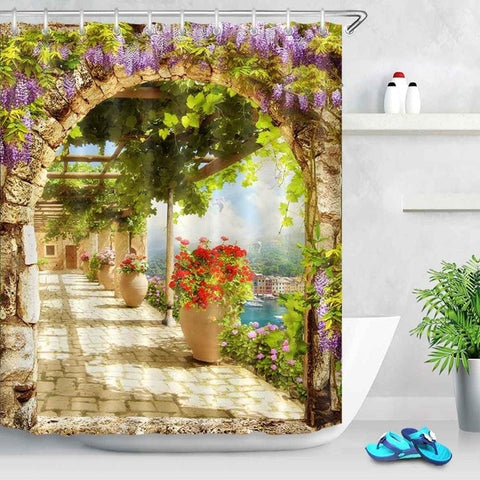 Image of Waterproof Digital Ancient Arch with View on the Sea Piers Scenic Shower Curtains Bathroom Curtain Fabric for Bathtub Decor