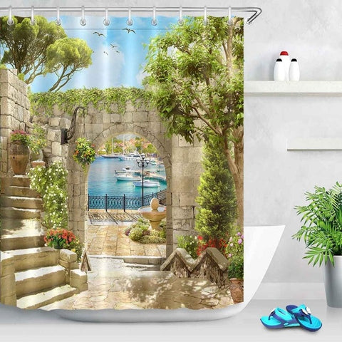 Image of Waterproof Digital Ancient Arch with View on the Sea Piers Scenic Shower Curtains Bathroom Curtain Fabric for Bathtub Decor