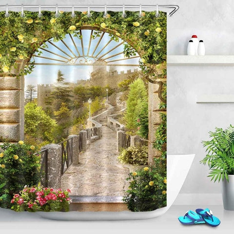 Image of Waterproof Digital Ancient Arch with View on the Sea Piers Scenic Shower Curtains Bathroom Curtain Fabric for Bathtub Decor