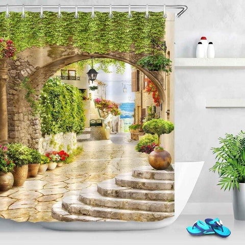 Image of Waterproof Digital Ancient Arch with View on the Sea Piers Scenic Shower Curtains Bathroom Curtain Fabric for Bathtub Decor