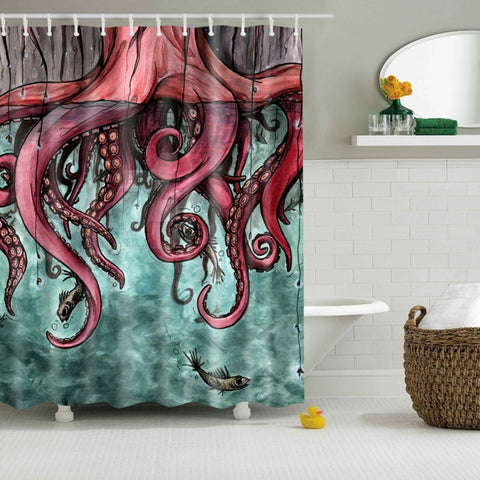 Image of Comic Octopus Print Shower Curtains Bath Products Bathroom Decor with Hooks Waterproof 71x71"