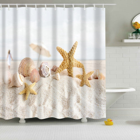 Image of New Colorful Eco-friendly Beach Conch Starfish Shell Polyester High Quality Washable Bath Decor Shower Curtains