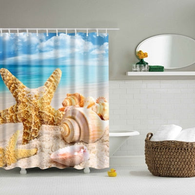 Image of New Colorful Eco-friendly Beach Conch Starfish Shell Polyester High Quality Washable Bath Decor Shower Curtains