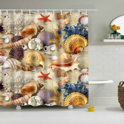 Image of New Colorful Eco-friendly Beach Conch Starfish Shell Polyester High Quality Washable Bath Decor Shower Curtains