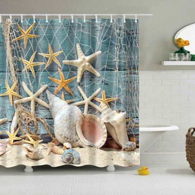 Image of New Colorful Eco-friendly Beach Conch Starfish Shell Polyester High Quality Washable Bath Decor Shower Curtains
