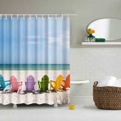 Image of New Colorful Eco-friendly Beach Conch Starfish Shell Polyester High Quality Washable Bath Decor Shower Curtains