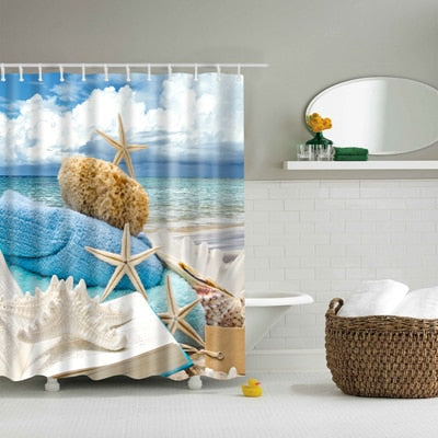 Image of New Colorful Eco-friendly Beach Conch Starfish Shell Polyester High Quality Washable Bath Decor Shower Curtains