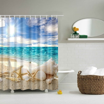 Image of New Colorful Eco-friendly Beach Conch Starfish Shell Polyester High Quality Washable Bath Decor Shower Curtains