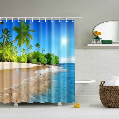 Image of New Colorful Eco-friendly Beach Conch Starfish Shell Polyester High Quality Washable Bath Decor Shower Curtains