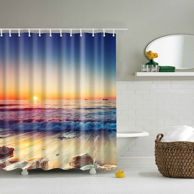 Image of New Colorful Eco-friendly Beach Conch Starfish Shell Polyester High Quality Washable Bath Decor Shower Curtains