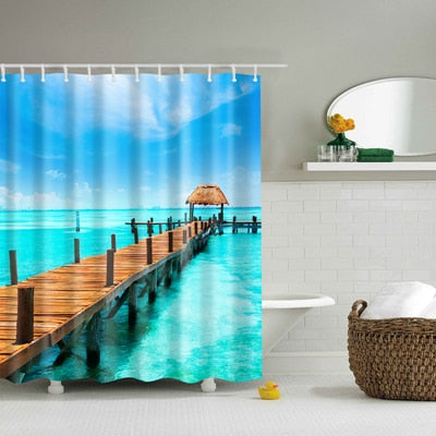 Image of New Colorful Eco-friendly Beach Conch Starfish Shell Polyester High Quality Washable Bath Decor Shower Curtains