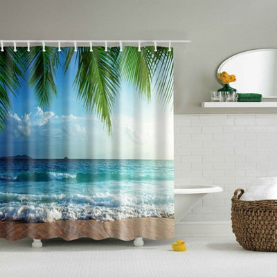Image of New Colorful Eco-friendly Beach Conch Starfish Shell Polyester High Quality Washable Bath Decor Shower Curtains