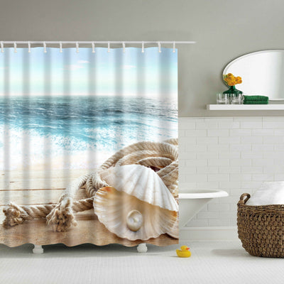 Image of New Colorful Eco-friendly Beach Conch Starfish Shell Polyester High Quality Washable Bath Decor Shower Curtains