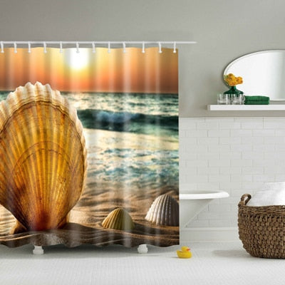 Image of New Colorful Eco-friendly Beach Conch Starfish Shell Polyester High Quality Washable Bath Decor Shower Curtains