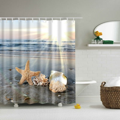 Image of New Colorful Eco-friendly Beach Conch Starfish Shell Polyester High Quality Washable Bath Decor Shower Curtains