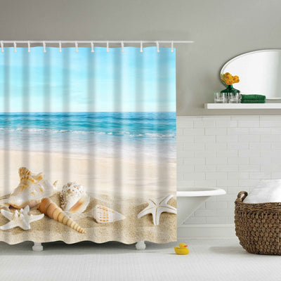 Image of New Colorful Eco-friendly Beach Conch Starfish Shell Polyester High Quality Washable Bath Decor Shower Curtains