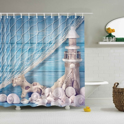 Image of New Colorful Eco-friendly Beach Conch Starfish Shell Polyester High Quality Washable Bath Decor Shower Curtains