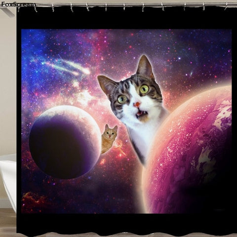 Image of Cat Bath Shower Curtain Funny Star Space Waterproof Cat shower curtains bathroom curtain Fabric Bathroom Curtains For Bathroom