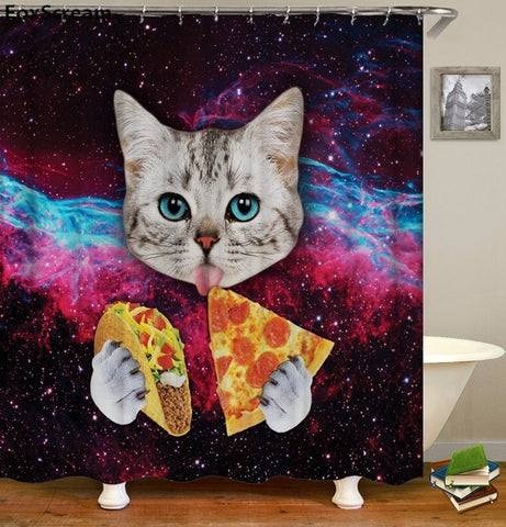 Image of Cat Bath Shower Curtain Funny Star Space Waterproof Cat shower curtains bathroom curtain Fabric Bathroom Curtains For Bathroom