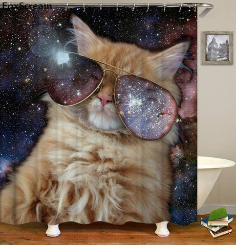 Image of Cat Bath Shower Curtain Funny Star Space Waterproof Cat shower curtains bathroom curtain Fabric Bathroom Curtains For Bathroom