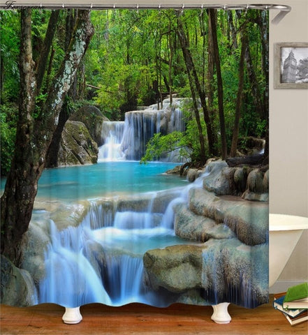 Image of Waterproof Shower Curtain with Hooks Green Scene Bathroom Curtains High Quality Bath Bathing Sheer for Home Decorations