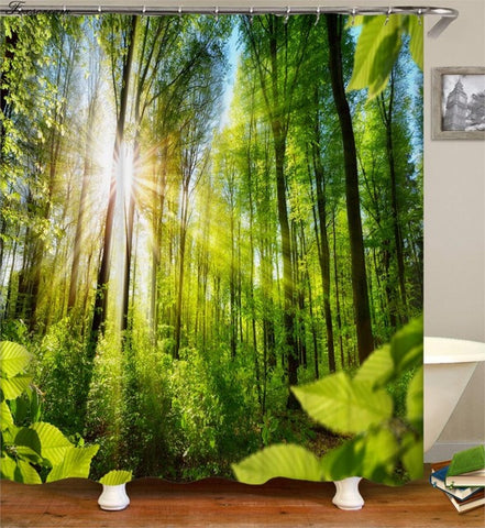 Image of Waterproof Shower Curtain with Hooks Green Scene Bathroom Curtains High Quality Bath Bathing Sheer for Home Decorations