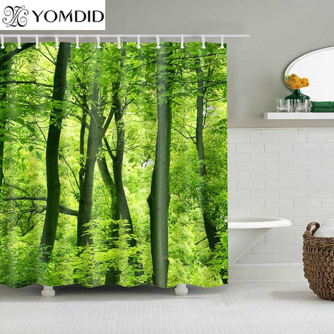 Image of 1PC Green Tropical Plants Shower Curtains for Bathroom Polyester Fabric Shower Curtain Leaves Printing Scenic Shower Curtains